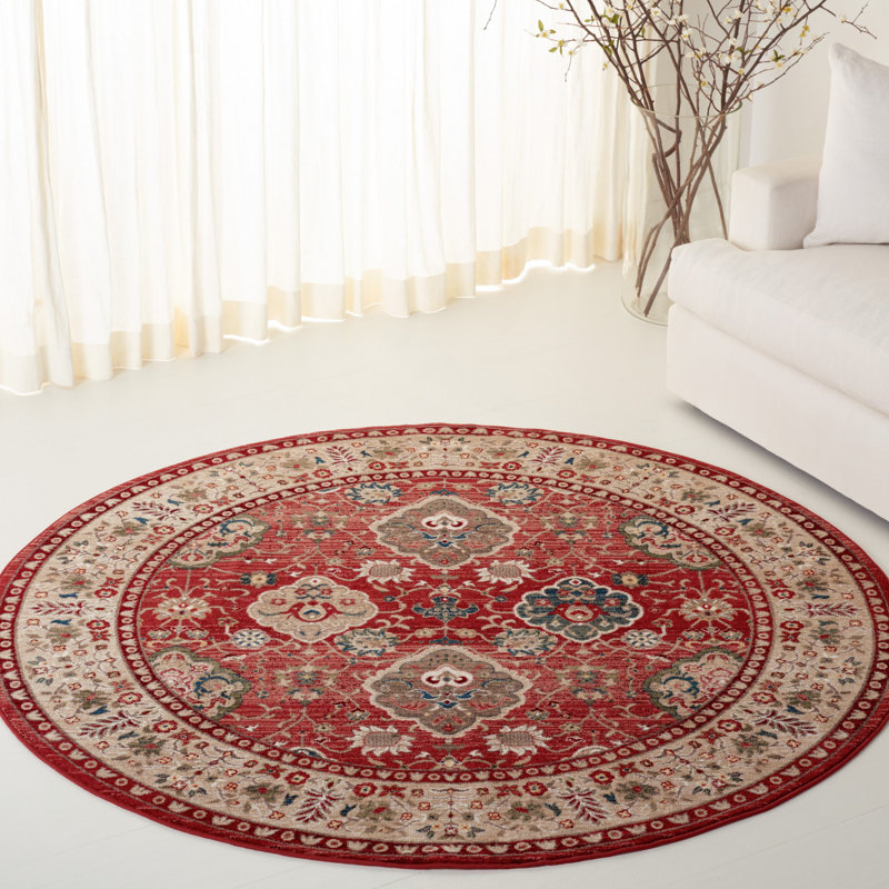 Ariel Round Red and Beige Floral Wool Area Rug