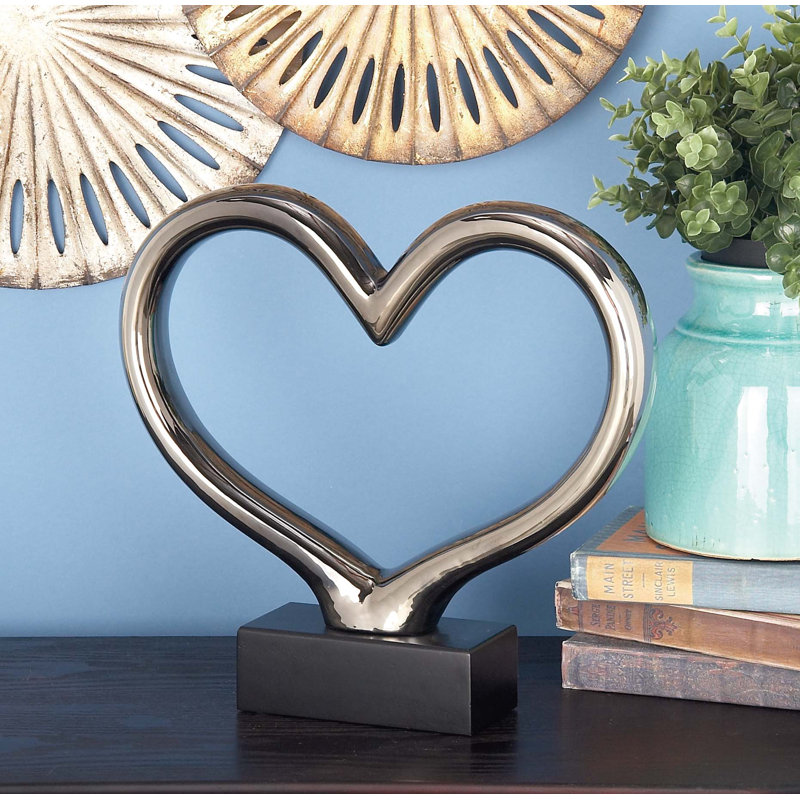 Dorron Ceramic Heart Decorative Sculpture with Black Base, Silver