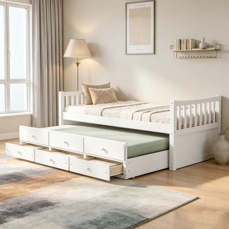 Lit de jour avec couchette et tiroirs, Lit simple, Blanc