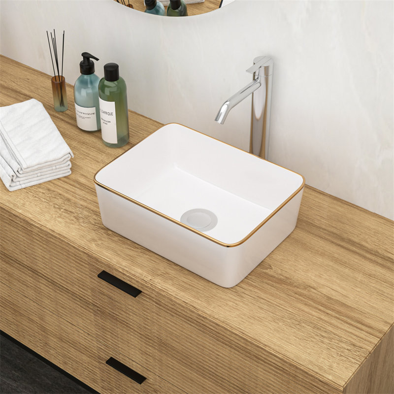 16X12 Inch White Ceramic Rectangular Vessel Bathroom Sink, White/Gold