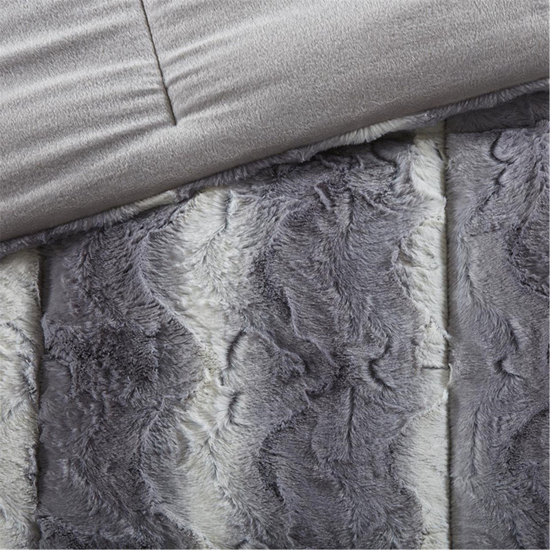 Ensemble d'édredon en fausse fourrure 4 pièces, Édredon double + 3 pièces supplémentaires, Gris