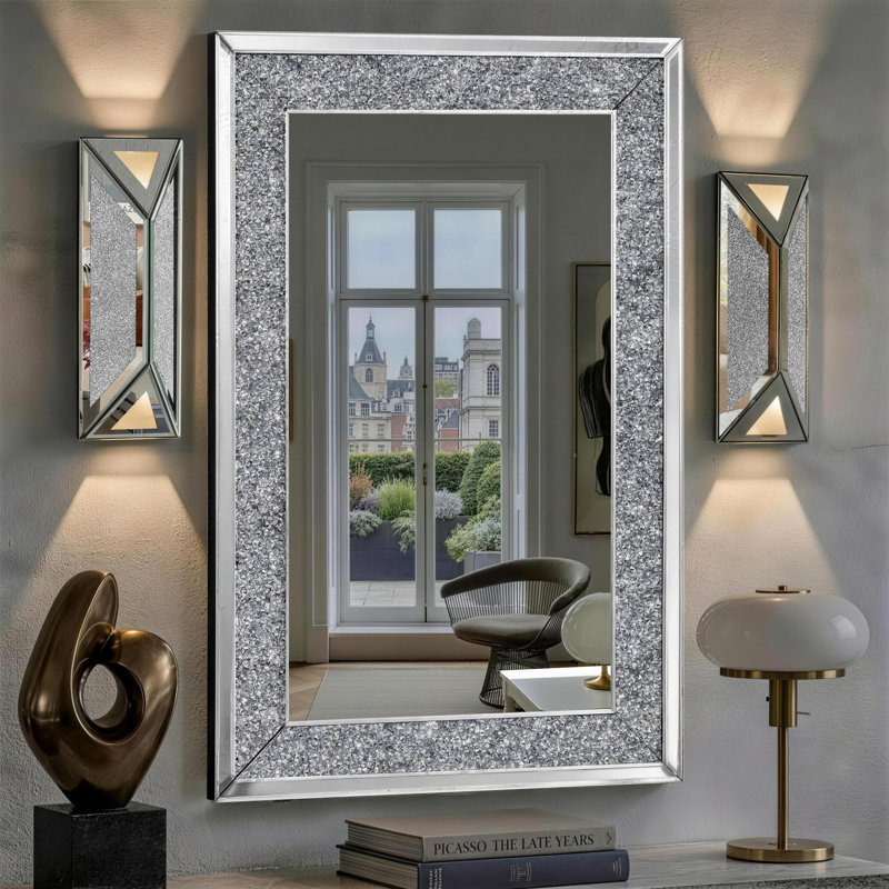 Glam 2‑Piece Set Crystal Wall Mirror With Led Mirror Wall Sconces