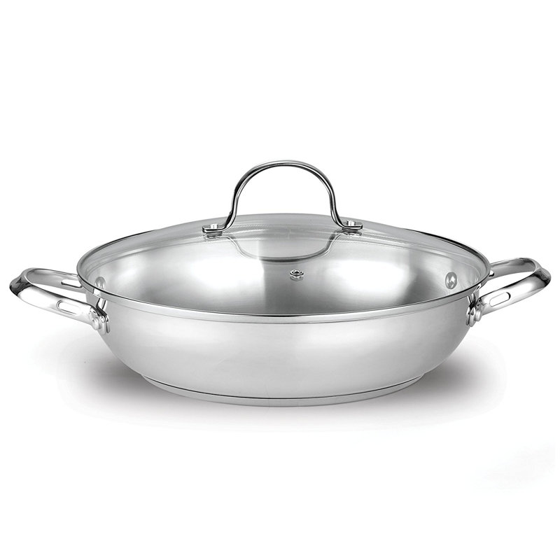 Poêle à frire en acier inoxydable standard de 12 pouces avec couvercle en verre Cooks Standard Classic de 30 pouces avec deux poignées latérales, batterie de cuisine à induction compatible