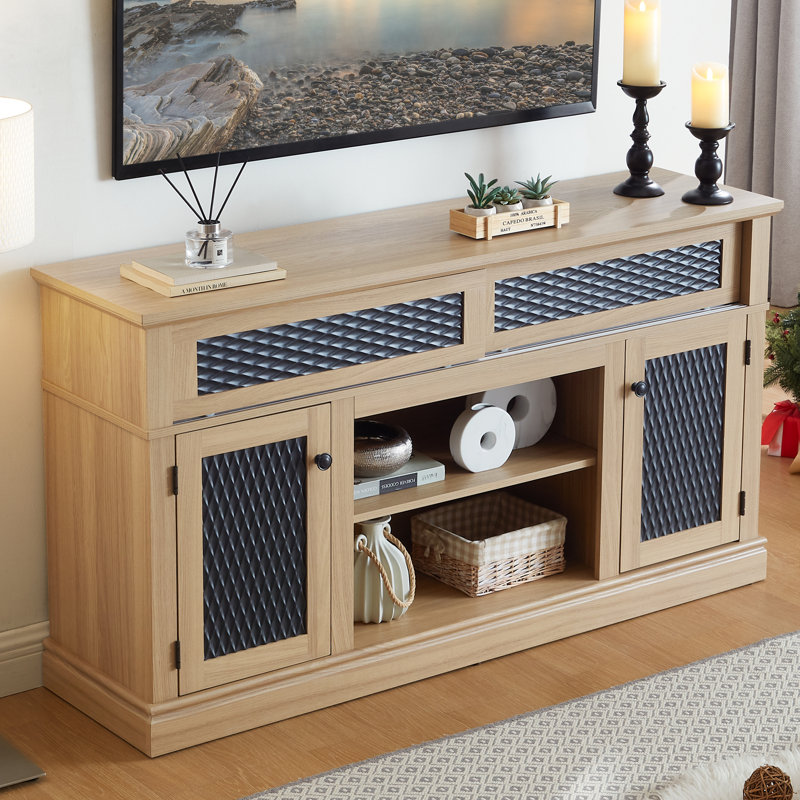 Embossed Pattern TV Stand, TV and Media Console with Open and Closed Storage Space and sliding door, Light Oak