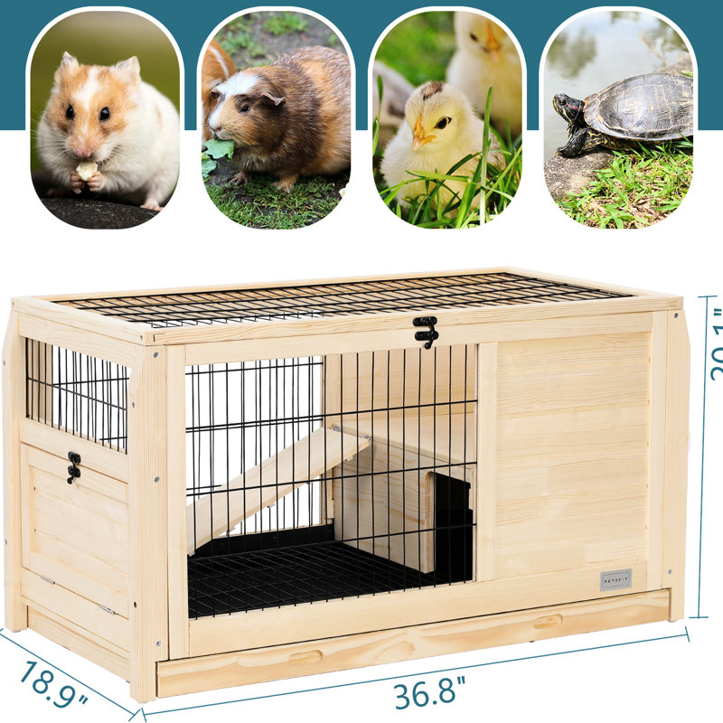 Cage en bois de cochon d'Inde avec plateau en plastique, intérieur spacieux, fuite, points d'accès multiples, fabrication simple en bois naturel de lapin, entrées, facile à assembler