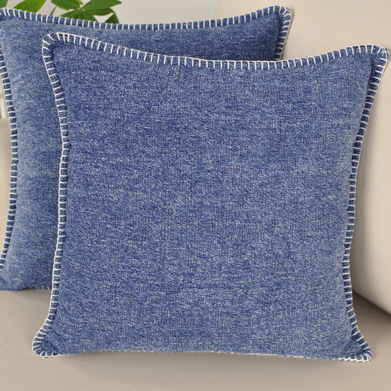 Navy Blue Chenille Square Throw Pillow Covers with Piped Edges (Set of 2)