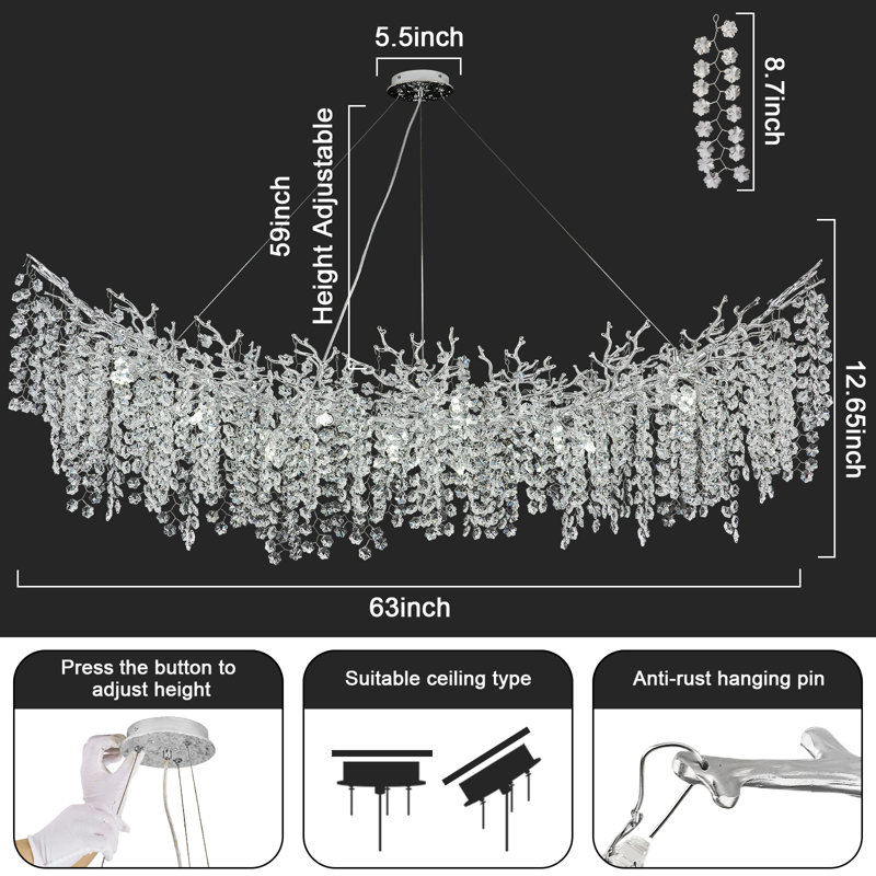 Tree Branch Snow Crystal Chandelier Lighting 63"L, Silver/White