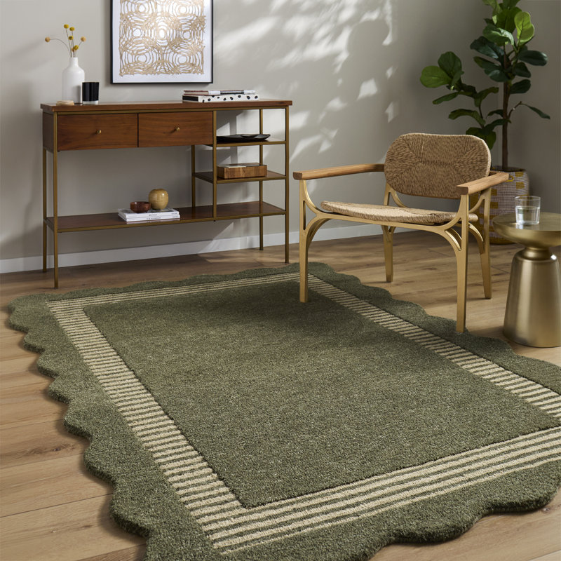 Abstract Wool Hand Tufted Area Rug, Olive Green, Beige, Rectangle 200 x 274 cm