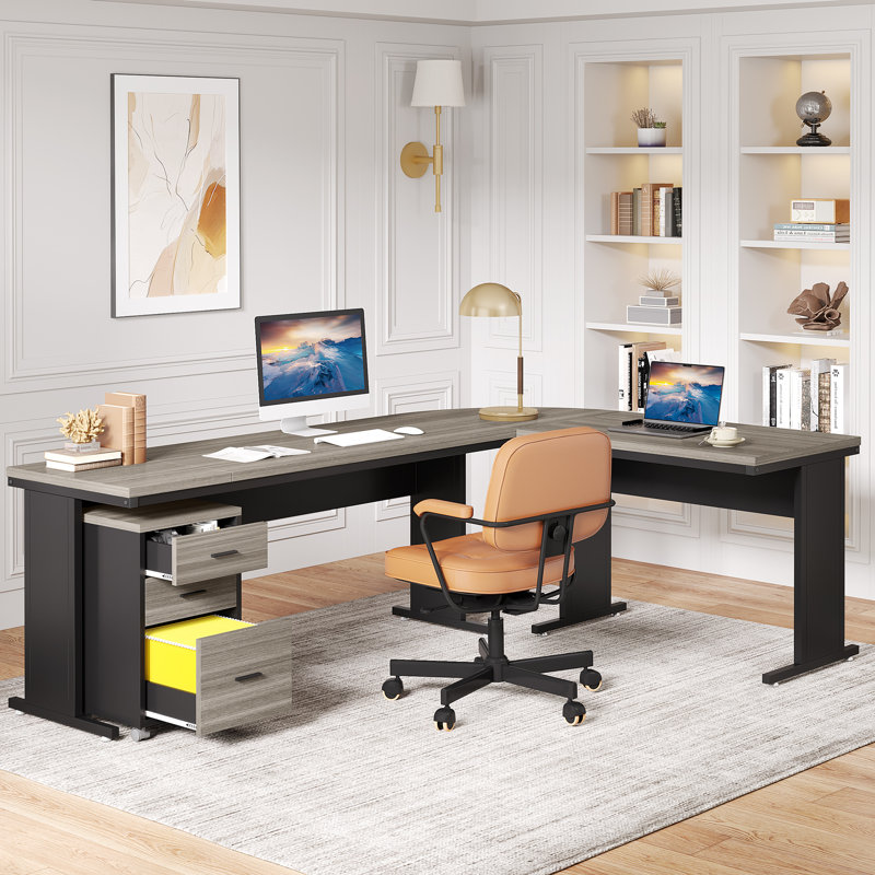 L-Shaped Executive Desk with 3-Drawer File Cabinet, Large Computer Desk for Home Office, Gray