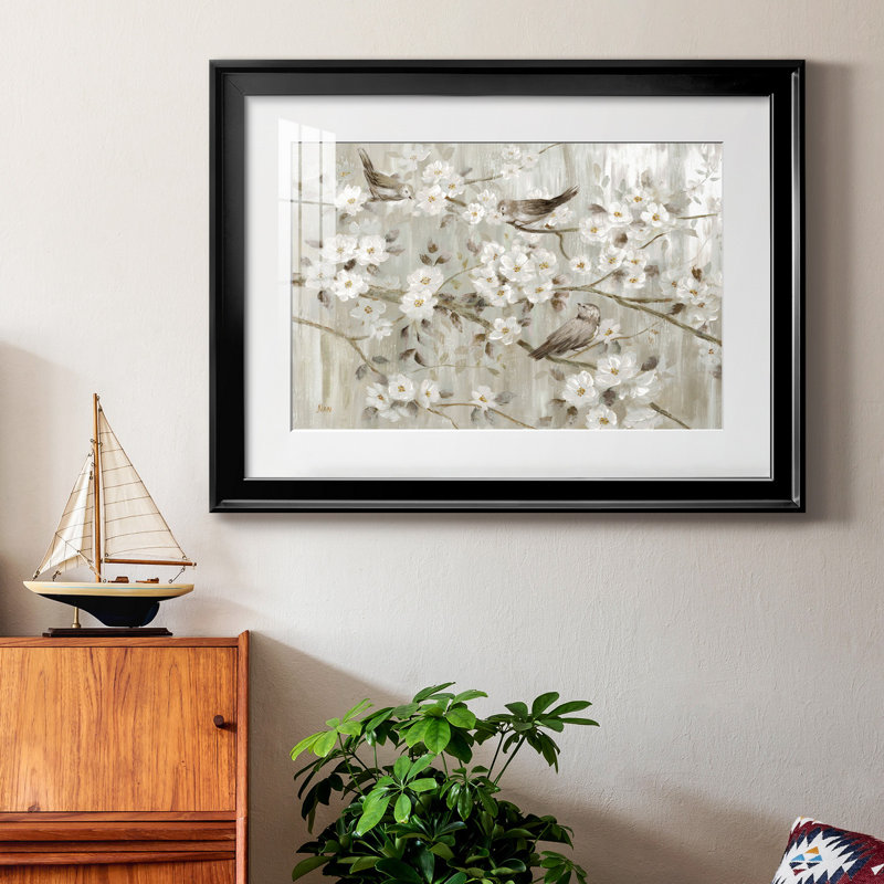 Neutre oiseaux printaniers - peinture encadrée, Cadre noir, H 30,5 po x l 42,5 po x P 1,5 po