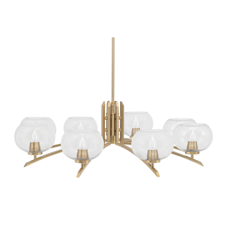 Lustre 8 lumières kurve présenté dans une finition laiton nouvel âge avec verre de 7 po, Transparent