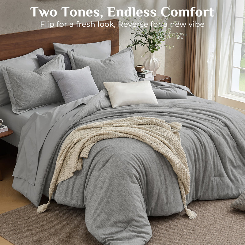 JOLLYVOGUE King Comforter Set 7 Pieces Grey, Cationic Dyeing Bed in a Bag King, Double-Tone Bedding Set with Down Alternative Comforter, Sheets, Pillowcases & Shams