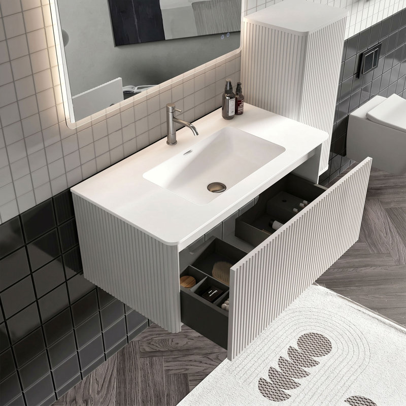 Hannemarie Pre-Assembled Wall Mounted Single Bathroom Vanity with Top with Overflow, White, 36", Matte White