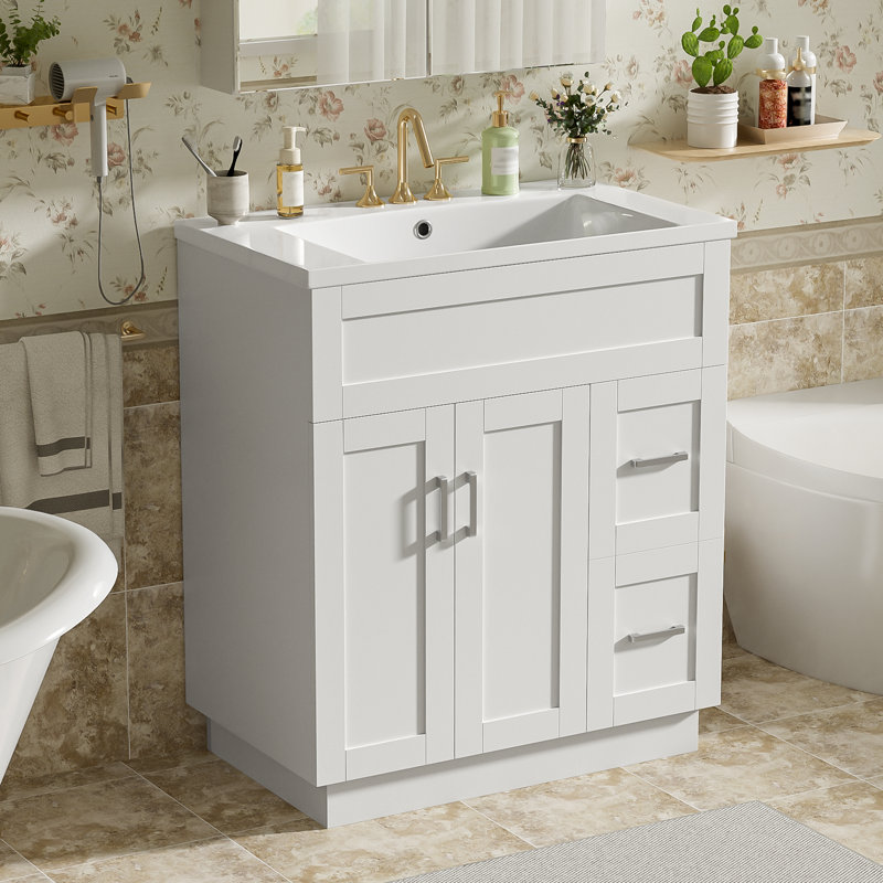 Meuble-lavabo de 30 pouces avec 2 portes, 2 tiroirs, tablette réglable et quincaillerie à fermeture en douceur | Idée de cadeau
