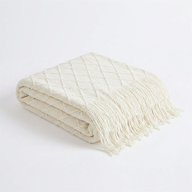 Off White Knitted Throw Blanket with Diamond Pattern