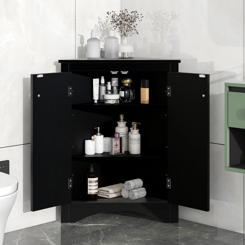 Armoire de rangement triangulaire noire avec tablettes réglables, maximisant l'utilisation élégante de l'espace pour le bureau