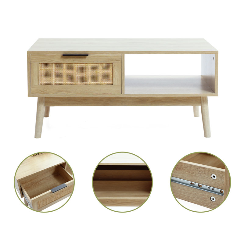 White Oak Finish Rectangular Wood Coffee Table with Storage