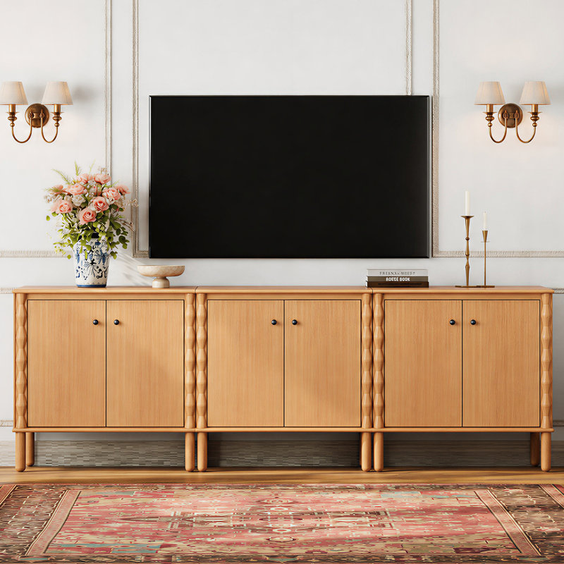 Meuble télé 6 portes avec pieds en bois pour le salon, noyer, 31.3" H x 94.5" W x 15.7" D, Walnut