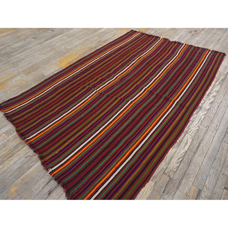 Multicolor Vintage Mid-century Modern Stripe Handwoven Turkish Kilim Small Rug 4'0" x 6'0" Area Rug