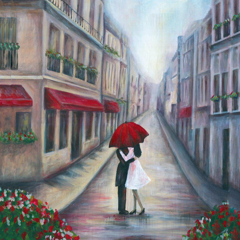 Kiss Under The Red Umbrella - Wrapped Canvas Painting, 30cm H x 30cm W x 3.8cm D