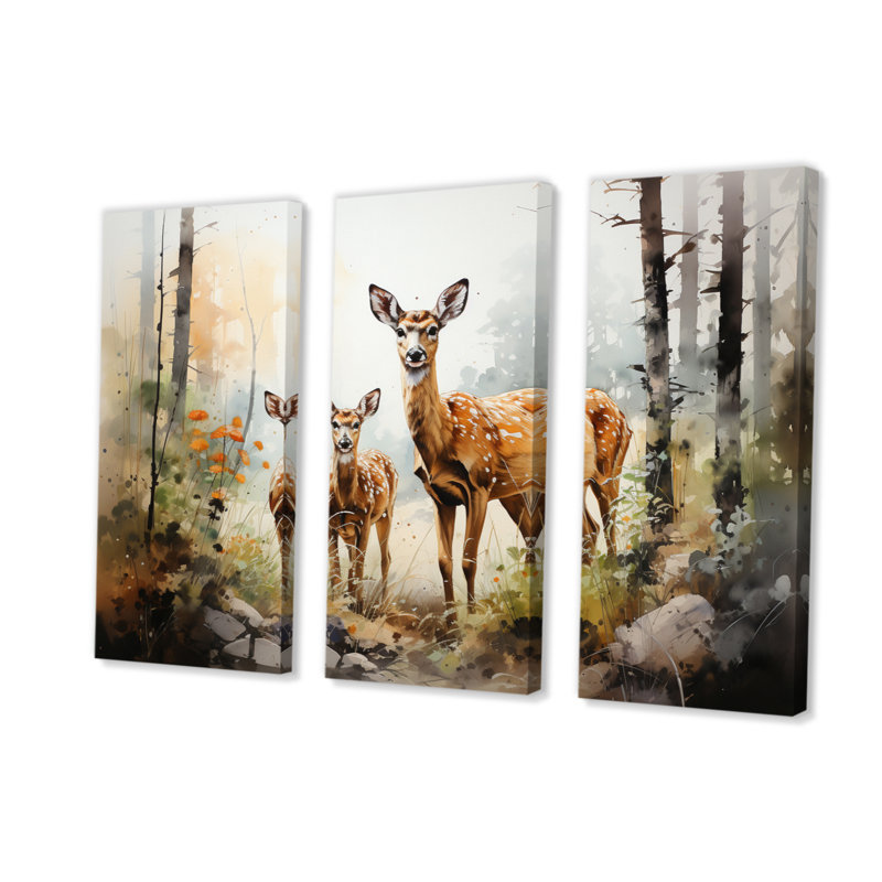 «Deers Whispering Woods II» sur toile, reproduction de 3 pièces, H 28 po x l 36 po x P 1 po