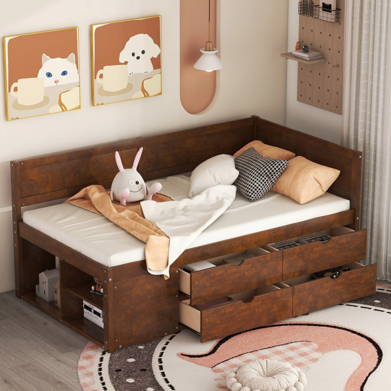 Daybed With Drawers And Shelves, Walnut, Twin