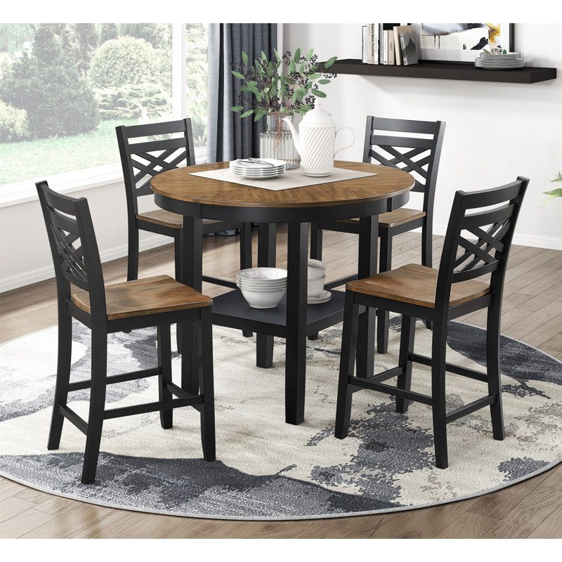 5Pc Counter Height Dining Set Round Table With Storage And 4 Counter Height Chairs 2-Tone Black And Brown Finish Wooden Furniture