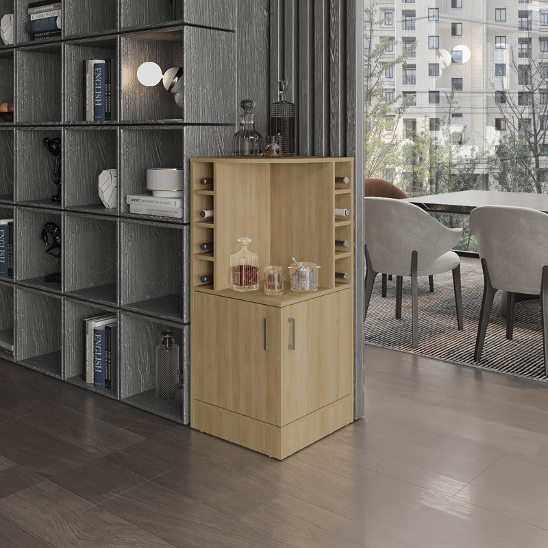 Armoire de bar de 42 po de hauteur, huit bouteilles de vin, double porte, chêne pour le salon, rangement pour boissons alcoolisées de style moderne