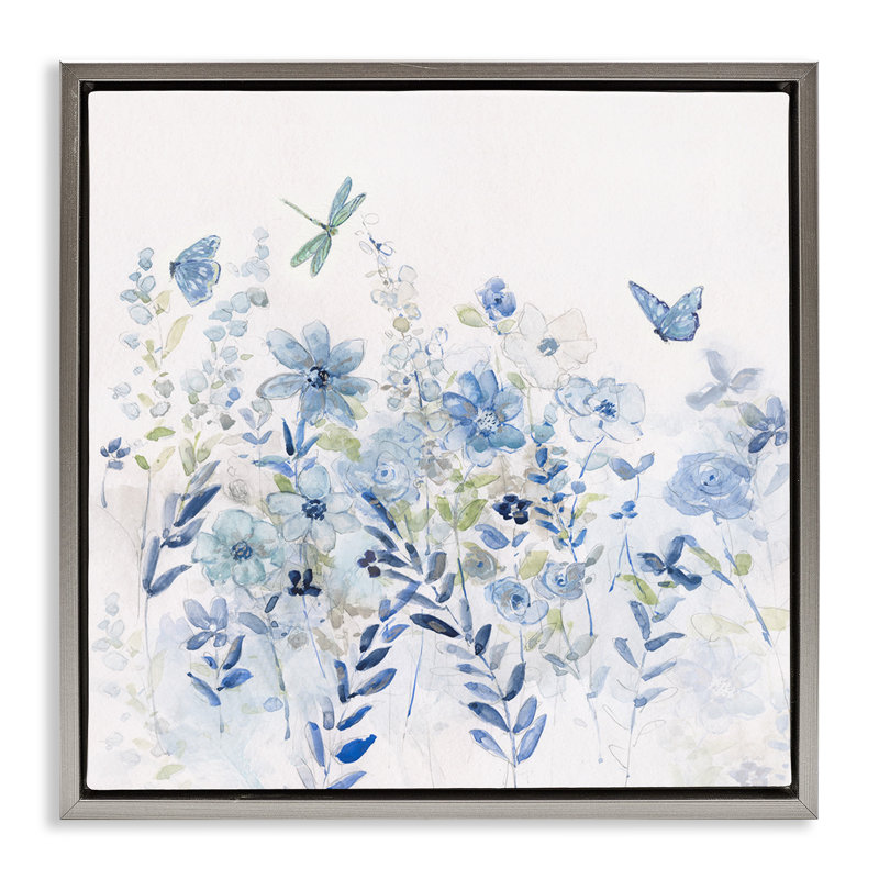 Délicat jardin floral bleu, Cadre flottant gris lustré, H 25 po x l 25 po
