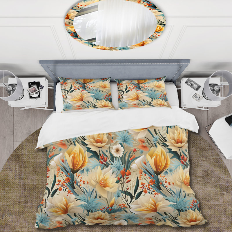 Ensemble de housse de couette à motif botanique jaune et bleu, Housse de couette pour grand lit et 2 taies décor