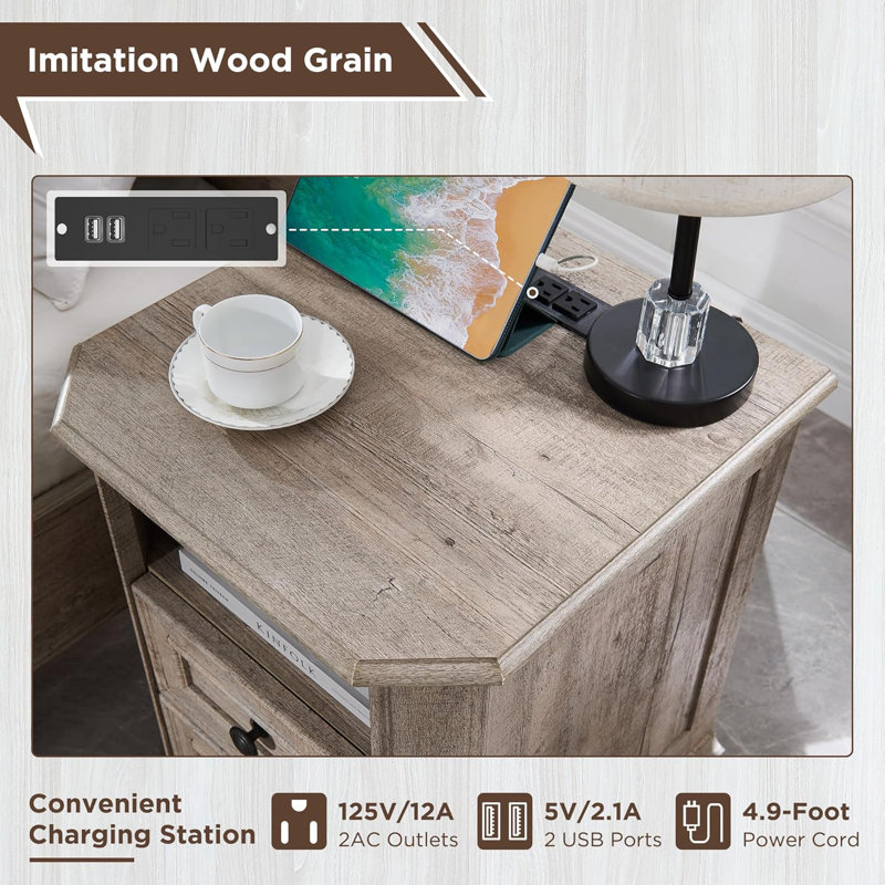 Light Rustic Oak 18" Farmhouse Nightstand with Charging Station and 2 Drawers