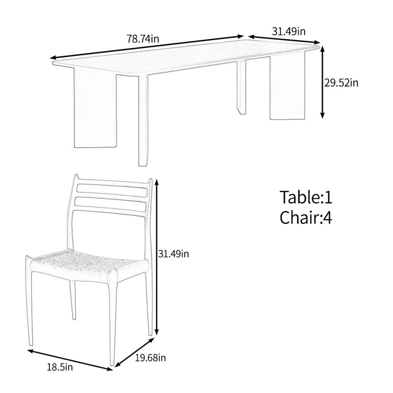 Carbonized solid wood table set, 29.52"H x 78.74"L x 31.49"W