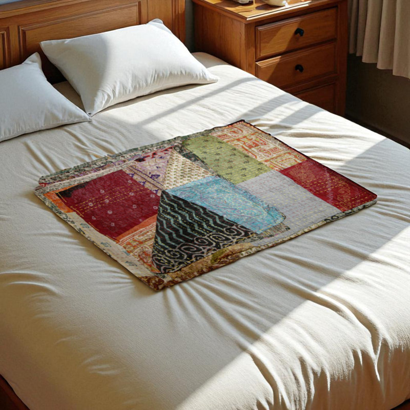 Jeté en coton avec broderie Trio, L 59,84 po x l 89,75 po, Bleu / brun / patchwork noir