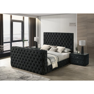 Luxurious 3-Piece Bed Nightstand Set - Deeply Tufted Headboard, Black Velvet Upholstery, TV Lift Mechanism
