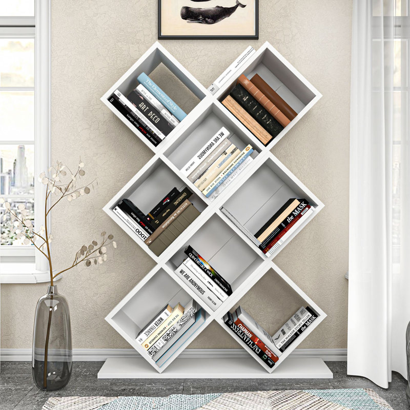 Bibliothèque moderne blanche, panneau de particules 100% mélaminé, 35,4 x 50,8 x 7,7 pouces | Nombreuses tablettes | Fixation murale | Conception géométrique élégante pour la maison ou le bureau | Solution de rangement durable et élégante