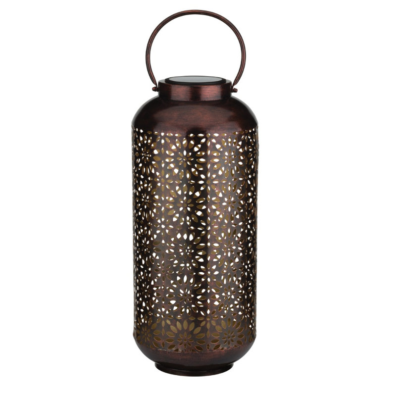 25" Metal Cylinder Shadow Solar Lantern with Decorative Perforated Floral Pattern and Top Handle - Bronze, Bronze