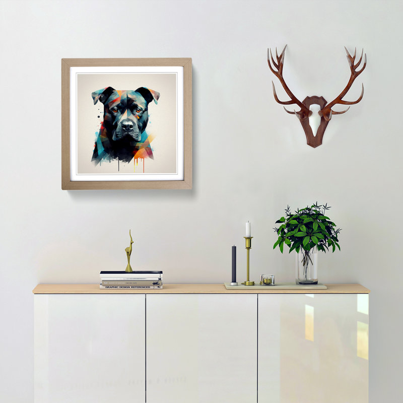 Staffordshire Bull Terrier Suprematism No.1 - Single Picture Frame Print on Wood, Oak