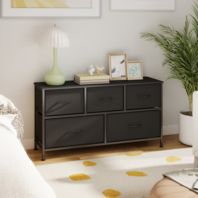 Commode pour chambre à coucher, commode, meuble télé, acier, panneau de fibres à densité moyenne, 5 tiroirs en tissu non tissé, unité de rangement, garde-robe, vestibule