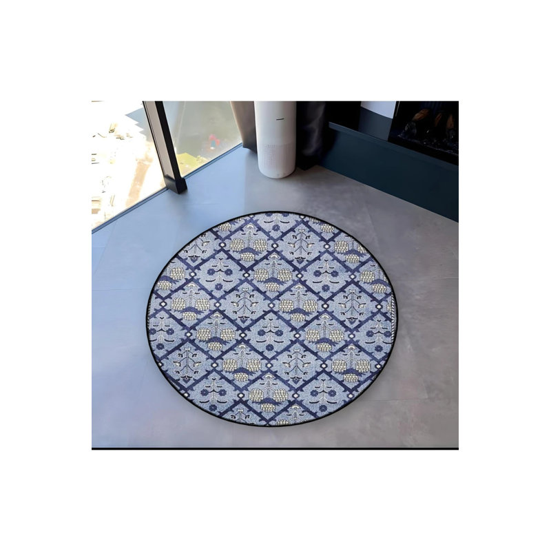 Navy Blue And White Ethnic Patterned Woven Base Modern Decorative Carpet, Round 2'8"