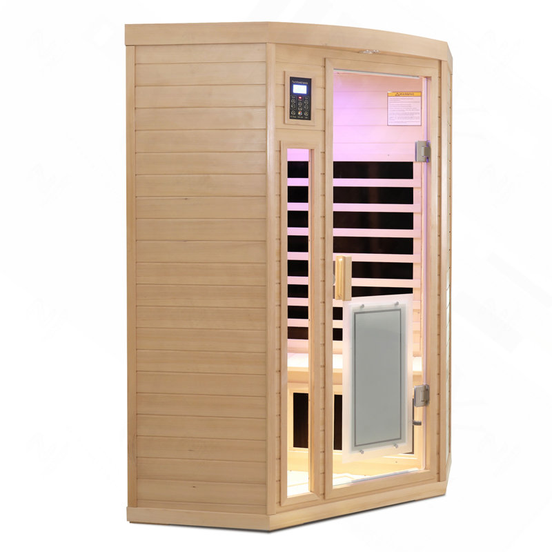 Low-EMF 2-Person Pentagonal Corner Hemlock Far-Infrared Sauna Room with Glass Door Heating Panels