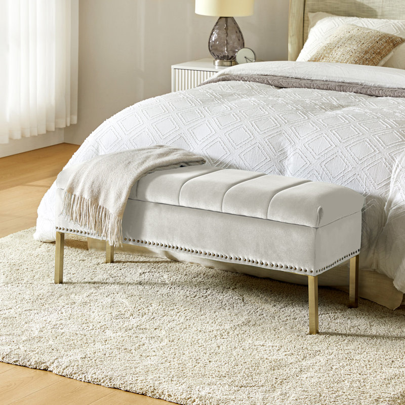 Banc de rangement moderne en velours de 46,5 po Berry, Ivoire