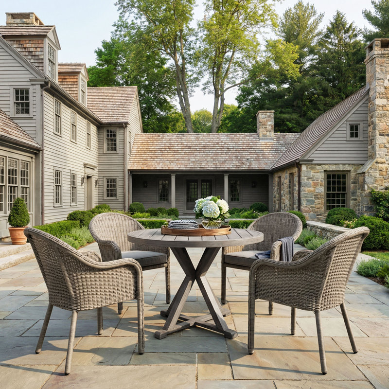 Table de bout à tréteaux Martha Stewart Bedford avec 4 chaises empilables en rotin
