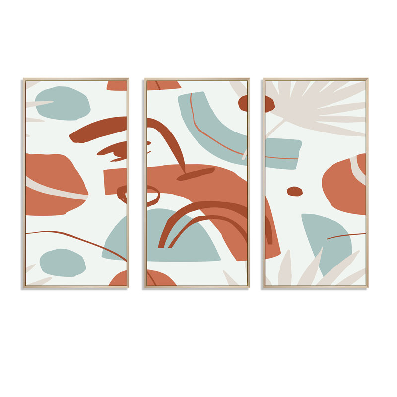 Formes géométriques avec feuilles de palmier tropicales - impression sur toile flottante 3 pièces, H 28 po x l 36 po x P 1 po