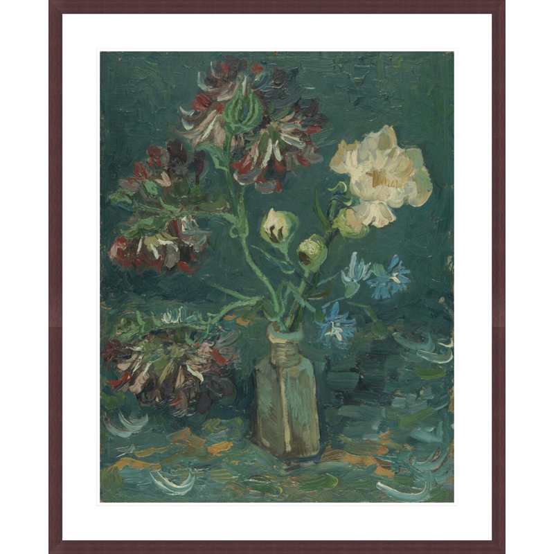 Petite bouteille avec pivoines et delphiniums par Vincent van Gogh, impression giclée encadrée, H 40,63 po x l 33,5 po