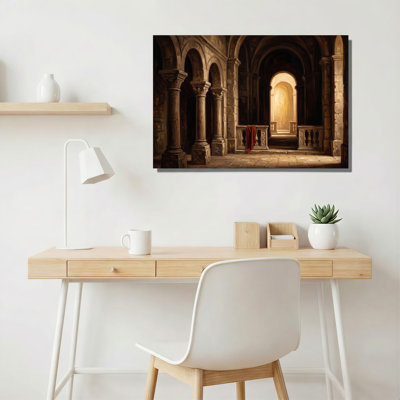«Stone Archway Interior» avec toile rouge drapée sur une balustrade