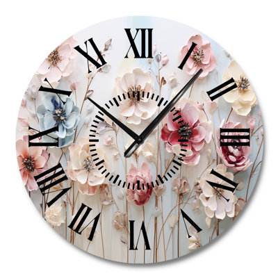 White And Pink Floral Wonderland - Floral Black Face Wall Clock