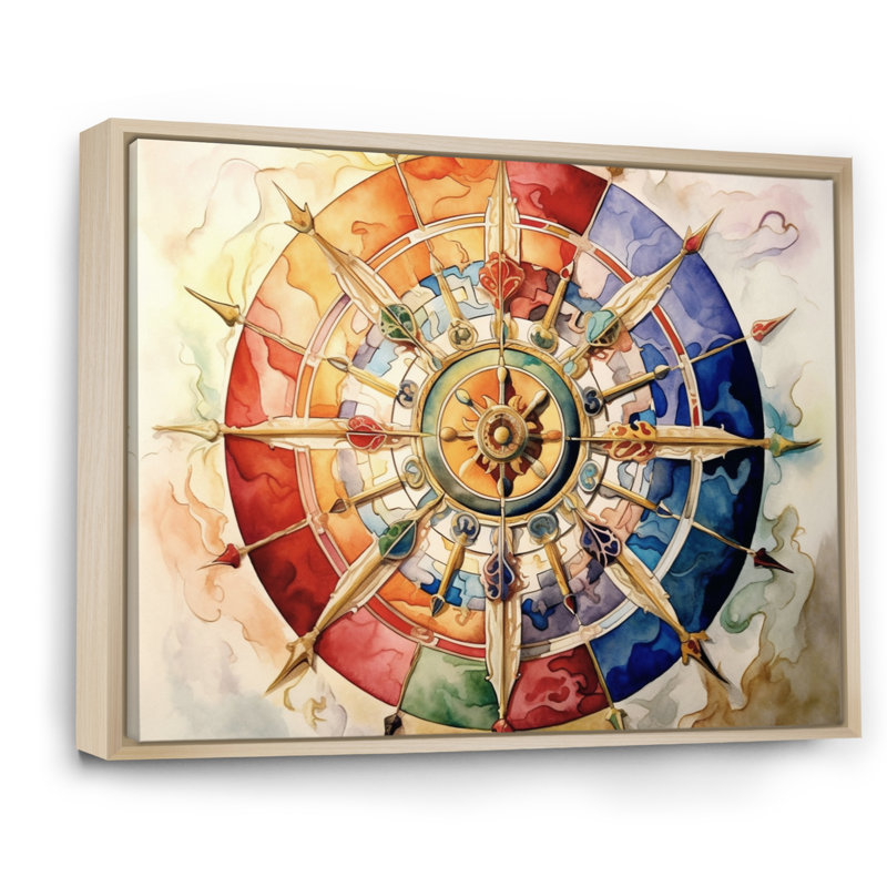 La roue religieuse du dharma sur toile, H 24 po x l 32 po x P 1 po, Cadre naturel flottant