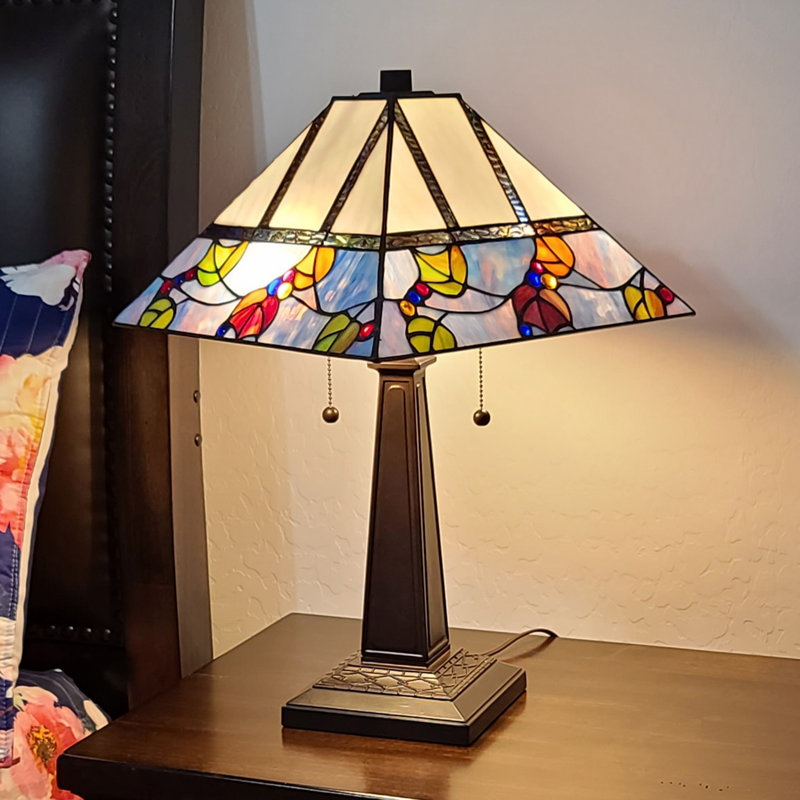 Lampe de table de style mission 23 po à deux lumières en vitrail crème et bijou 23 po, Bleu / blanc