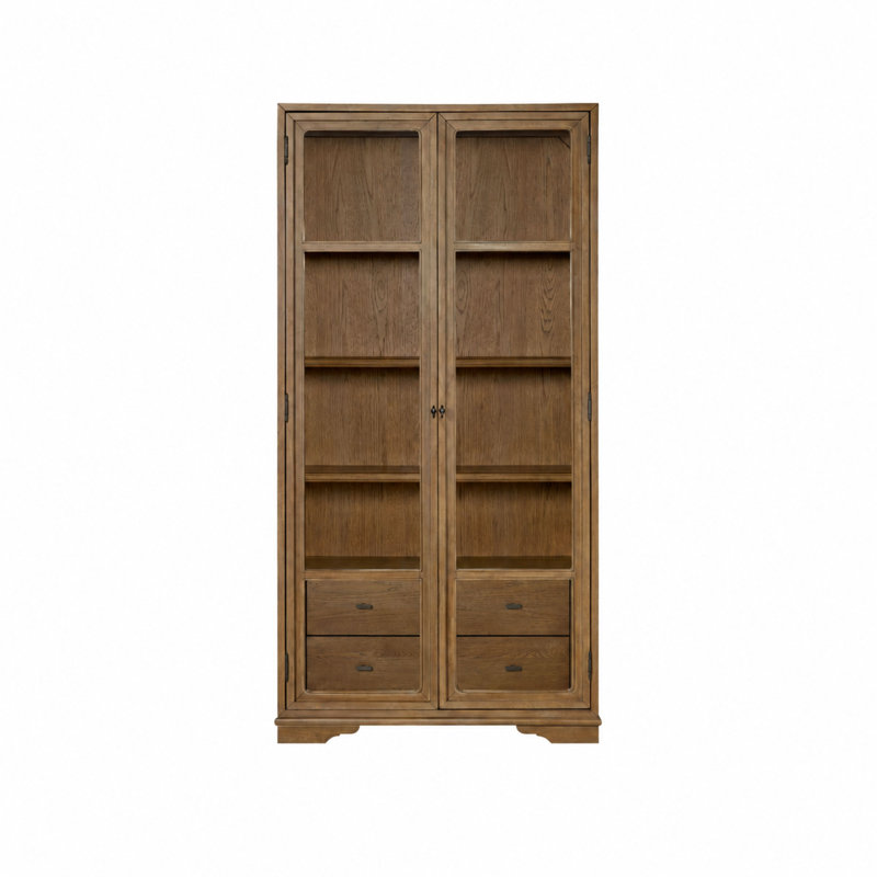 Deemston Tall Display Cabinet with Tempered Glass Doors, Adjustable Shelves & Cedar-Lined Drawer – Almond Finish, Brown