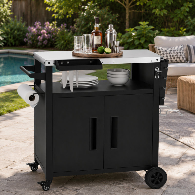 Chariot de barbecue pour l'extérieur avec table d'appoint pliable et housse de rangement incluse